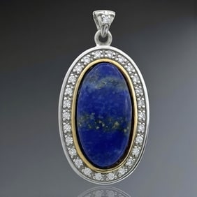 14K & Silver Large Oval Lapis Lazuli & White Topaz Pendant