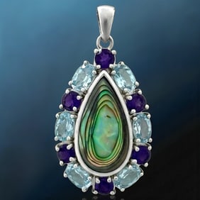 Iridescent Tear Drop Shape Abalone and Multi Gemstone SS Pendant