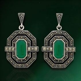 Art Deco Emerald Green Agate & Marcasite SS Earrings