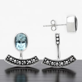Bezel Set Blue Topaz Stud Earrings with Macasite Earrings Jacket