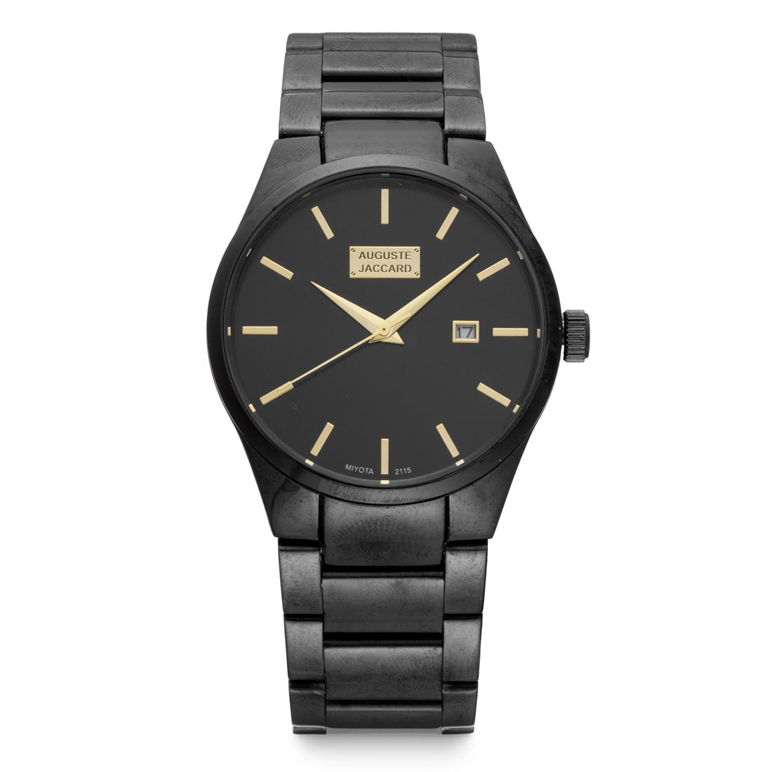 Auguste Jaccard Men’s Watch – 40mm Black Gloss Finish: The Auguste Jaccard Men’s Watch embodies understated sophistication with a 40mm black glossy metal case and bracelet, offering a sleek, modern look. Its silver-tone hands and hour markers contrast e