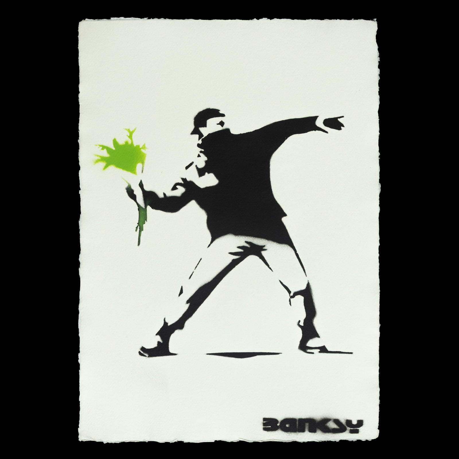 Banksy – “Love Is In The Air (Flower Thrower)”: Title: Banksy – “Love Is In The Air (Flower Thrower)” Pigment Print on Heavy Handmade Japanese Paper with Deckle Edge Image: Black and Off-White, Thrower Clutching Green Flowers “Banksy&rd