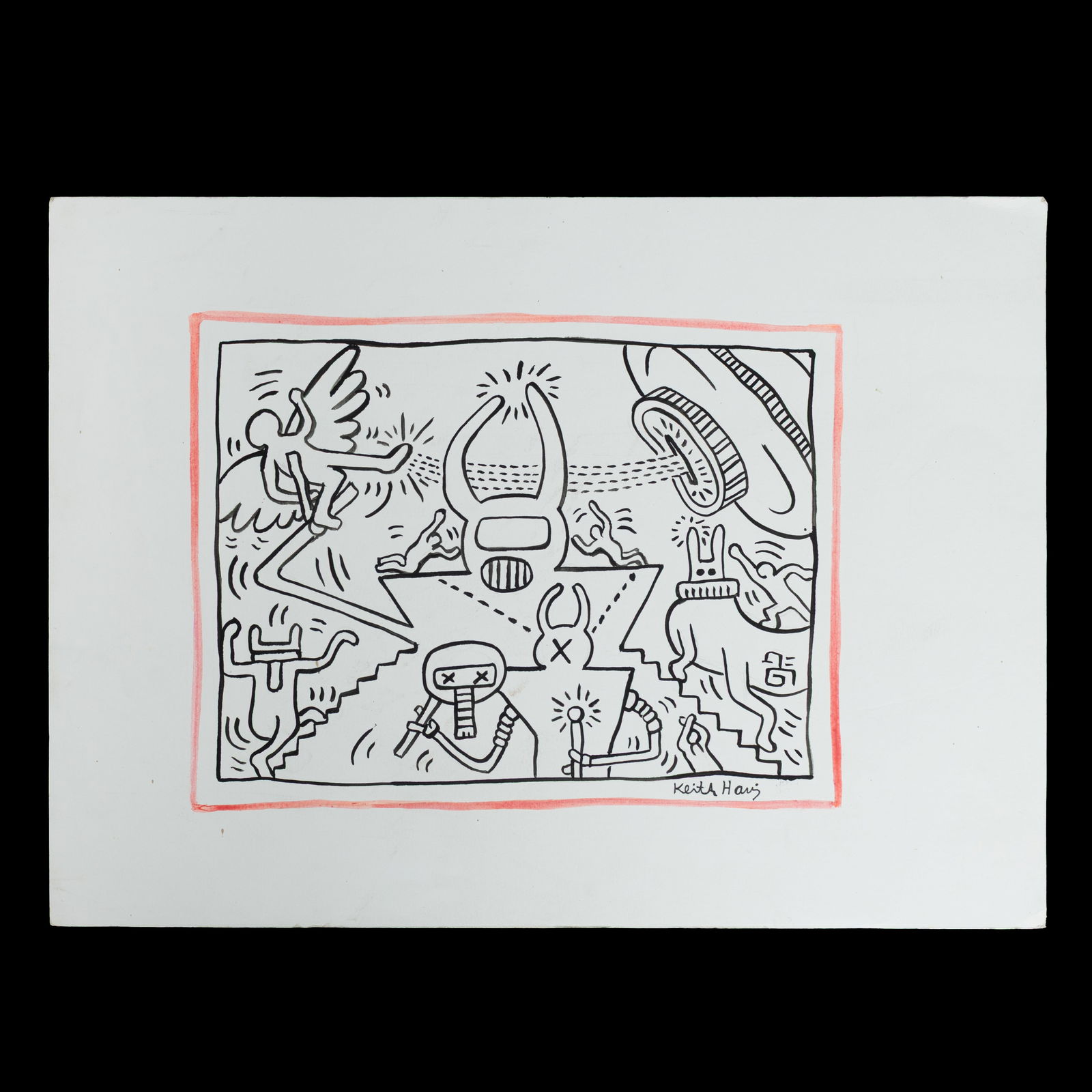 Keith Haring Marker on Heavy Grade Paper – Angelic and Extraterrestrial Motif: Title: Dynamic Keith Haring Marker on Heavy Grade Paper – Angelic and Extraterrestrial Motif Description: We are pleased to present an extraordinary piece of pop and street art history. This work, e