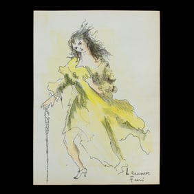 Leonor Fini Mixed Media on Paper: "Woman in Yellow Dress"
