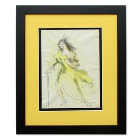 Leonor Fini Mixed Media on Paper: "Woman in Yellow Dress"