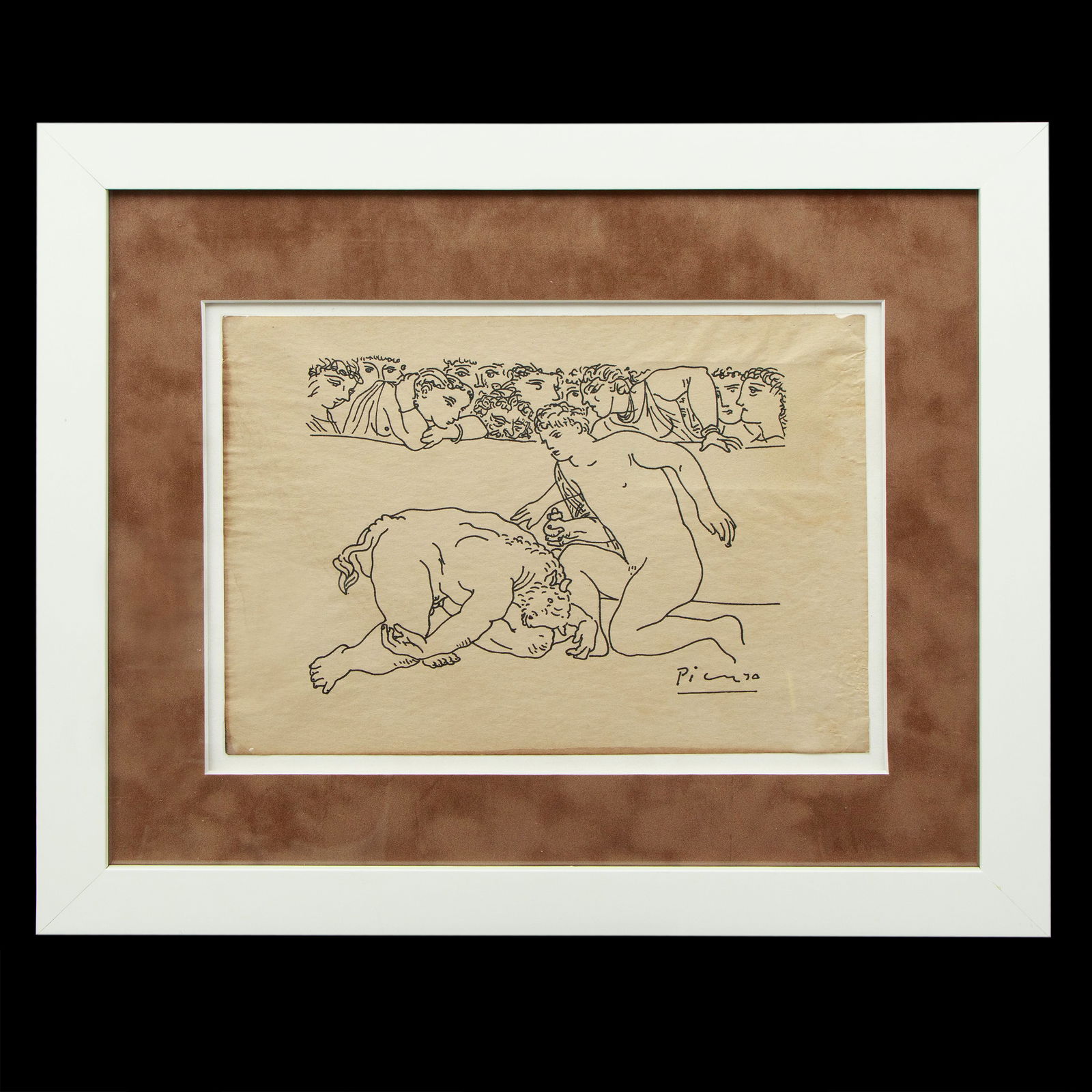 Pablo Picasso Ink Drawing – Mythological Scene: Title: Pablo Picasso Ink Drawing – Mythological Scene Artwork Overview: Presented is an evocative ink drawing on paper attributed to or inspired by Pablo Picasso, measuring 8.25 x 11.75 inches. The