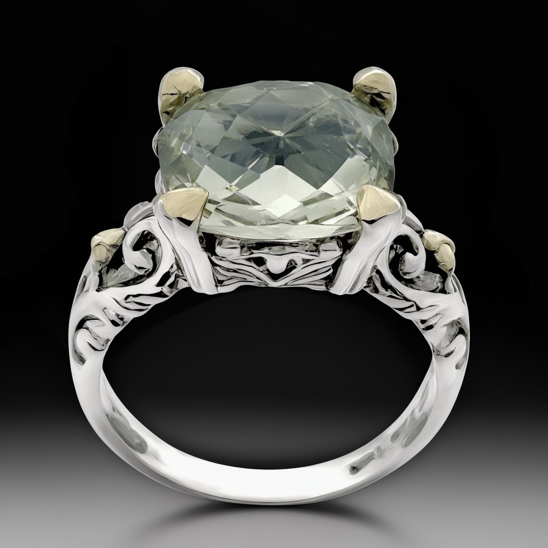 14K & Sterling Silver Checkerboard Cut Green Amethyst Ring SZ 6 (1 of 1)