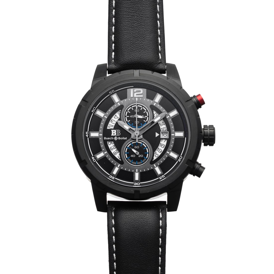 Buech & Boilat Men’s Watch – 47mm Precision Design: This striking Buech & Boilat men’s timepiece blends craftsmanship and performance with a 47mm stainless steel case and black genuine leather strap. Powered by a reliable Japanese movement, it featur