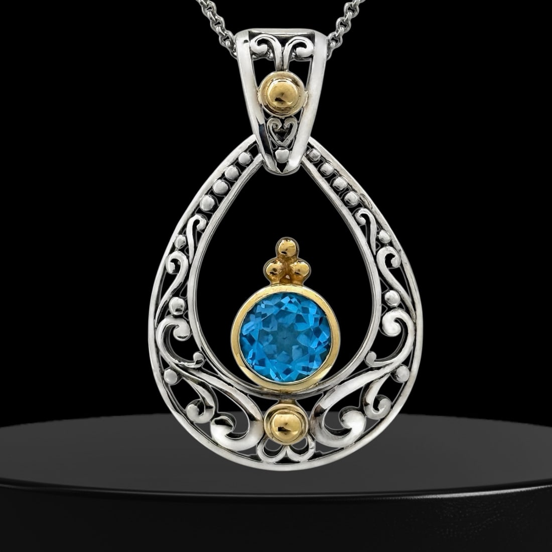 14K&Sterling Silver Blue Topaz Byzantine Teardrop Pendant (1 of 1)