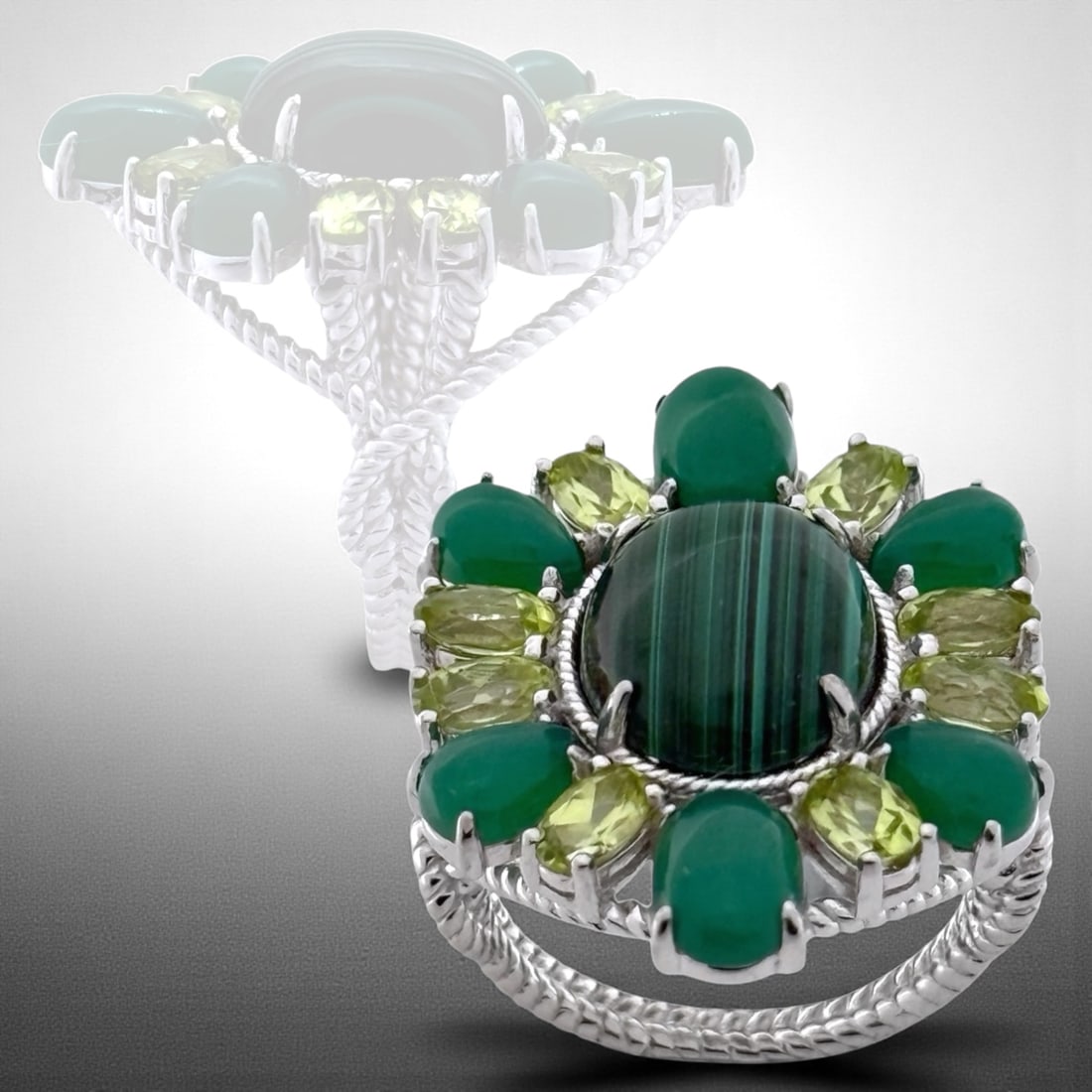 Bold Malachite & Peridot Halo Statement Ring SZ 7 (1 of 2)