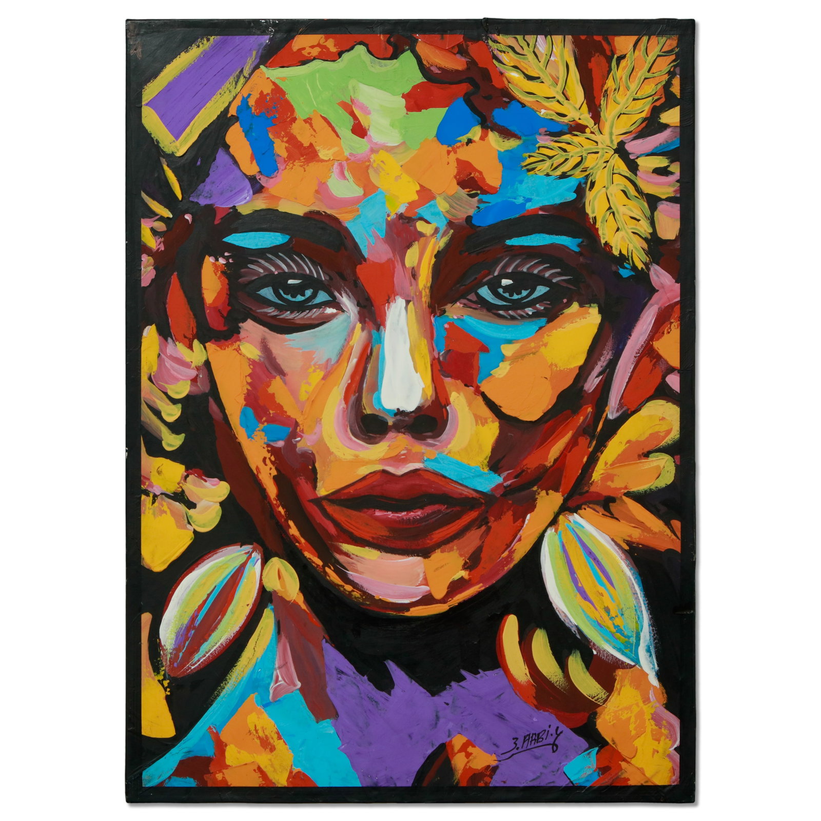 Autumnal Visage, Acrylic on Canvas by the innovative 3 Arbi Art: Description: Introducing "Autumnal Visage," an entrancing acrylic on canvas by the innovative 3 Arbi Art, measuring 19.75 x 14 inches. This mesmerizing piece portrays a woman's face seamlessly blended