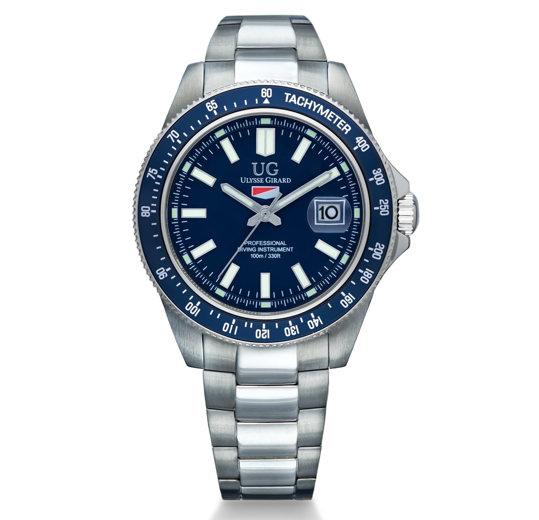 Ulysee Girard - Marlin Collection - Blue Dial & Blue Bezel: Engineered for precision and endurance, the Ulysse Girard Marlin Collection combines classic dive-watch styling with professional functionality. Featuring a stainless-steel case, tachymeter bezel, & l