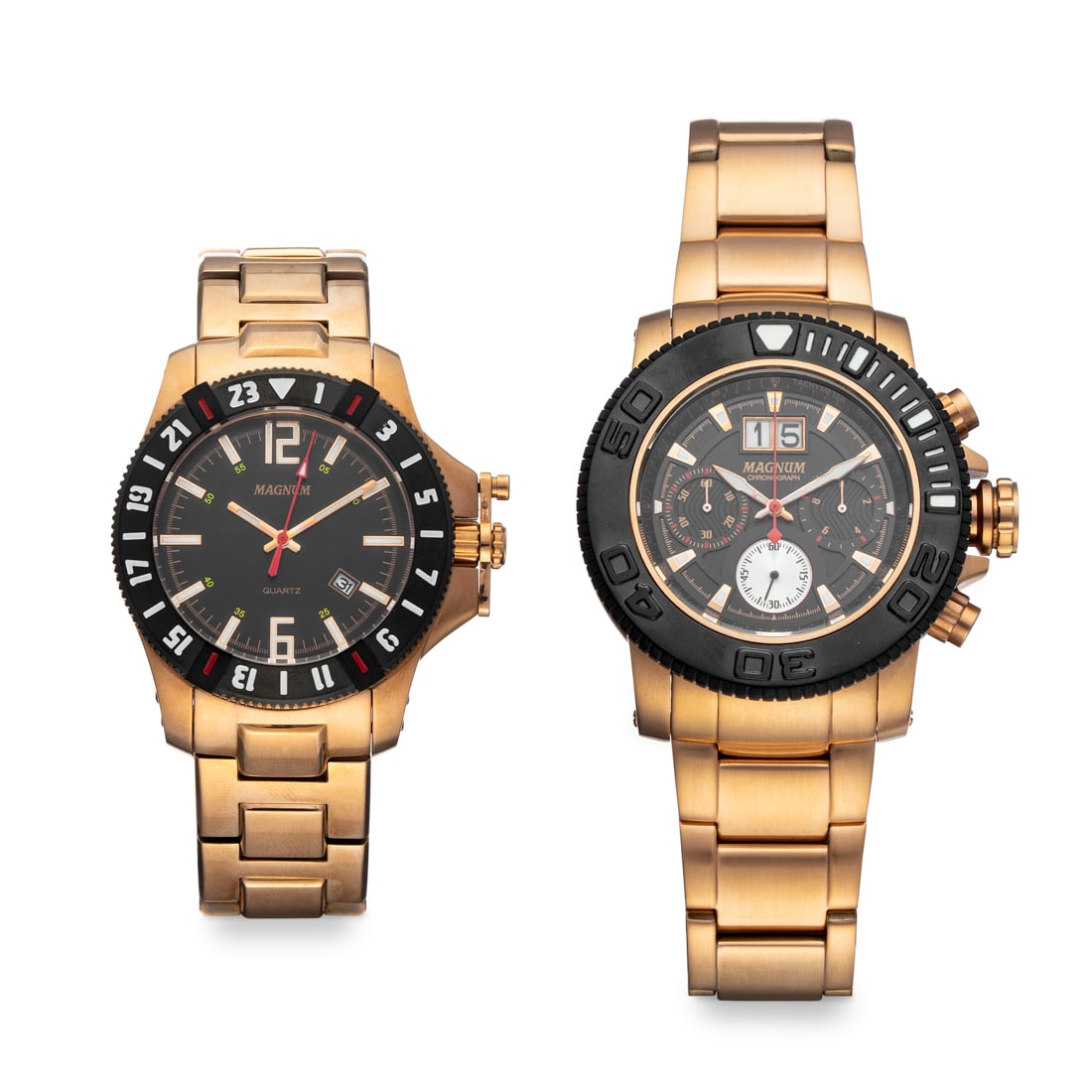 Set of 2 Magnum Men’s Gold-Tone Sport Watches: Striking and powerful, this Magnum set pairs bold design with durable craftsmanship. Each watch features a brushed gold-tone stainless steel bracelet and case. One showcases a black dial with 24-hour 