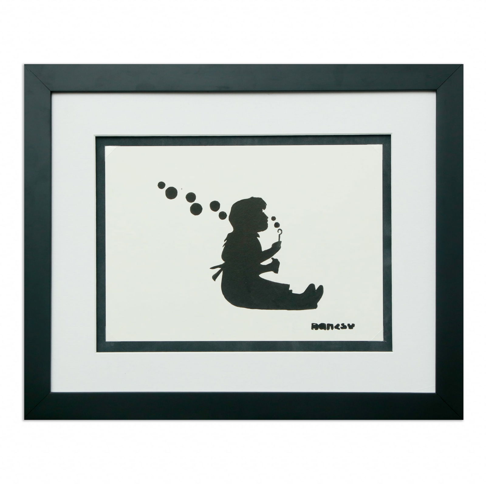 BANKSY "Bubble Girl" – Mixed Media on Paper: Title: BANKSY "Bubble Girl" – Mixed Media on Paper, 8.25 x 11.75 inches Description: “Bubble Girl” is a captivating interpretation of one of Banksy’s most beloved and poignant street art w