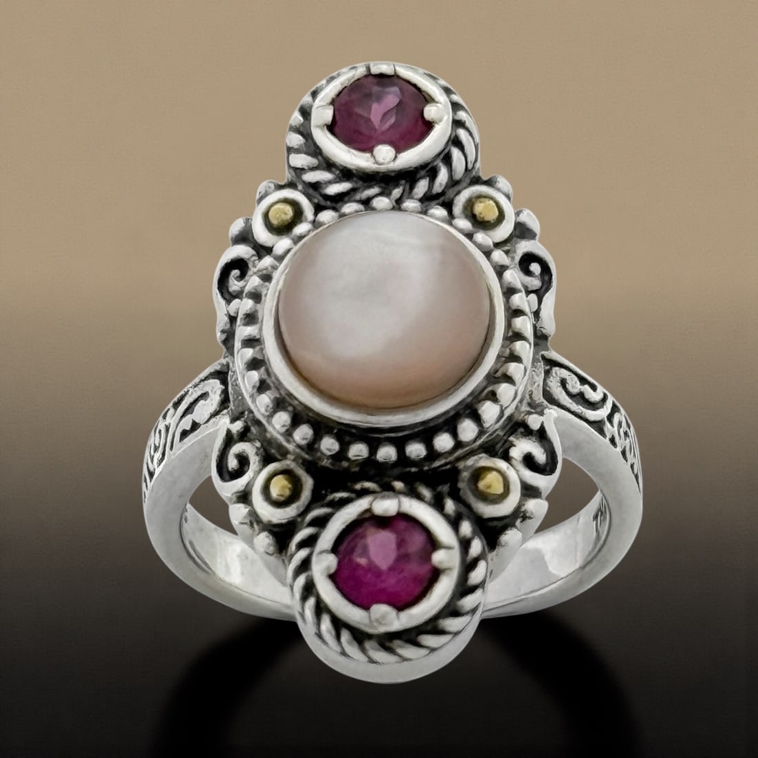 Pink Mother of Pearl and Garnet Sterling Silver Ring (1 of 1)