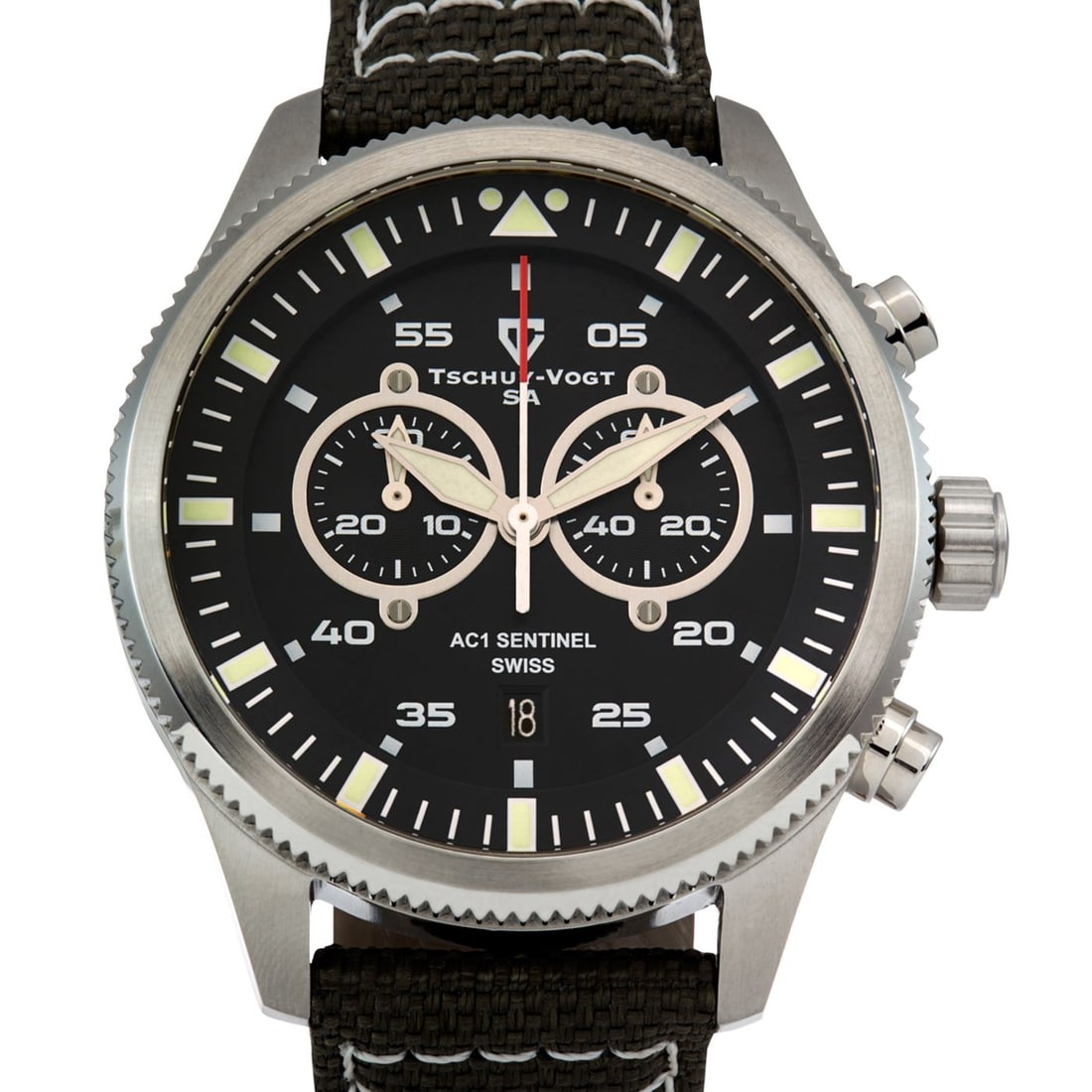 Tschuy-Vogt Sentinel Swiss Chrono 45mm Case Watch: The Tschuy-Vogt Sentinel Swiss Chronograph is a masterclass in rugged sophistication and precision engineering. Powered by the Swiss Ronda Startech Caliber 5021.D chronograph movement, this timepiece 