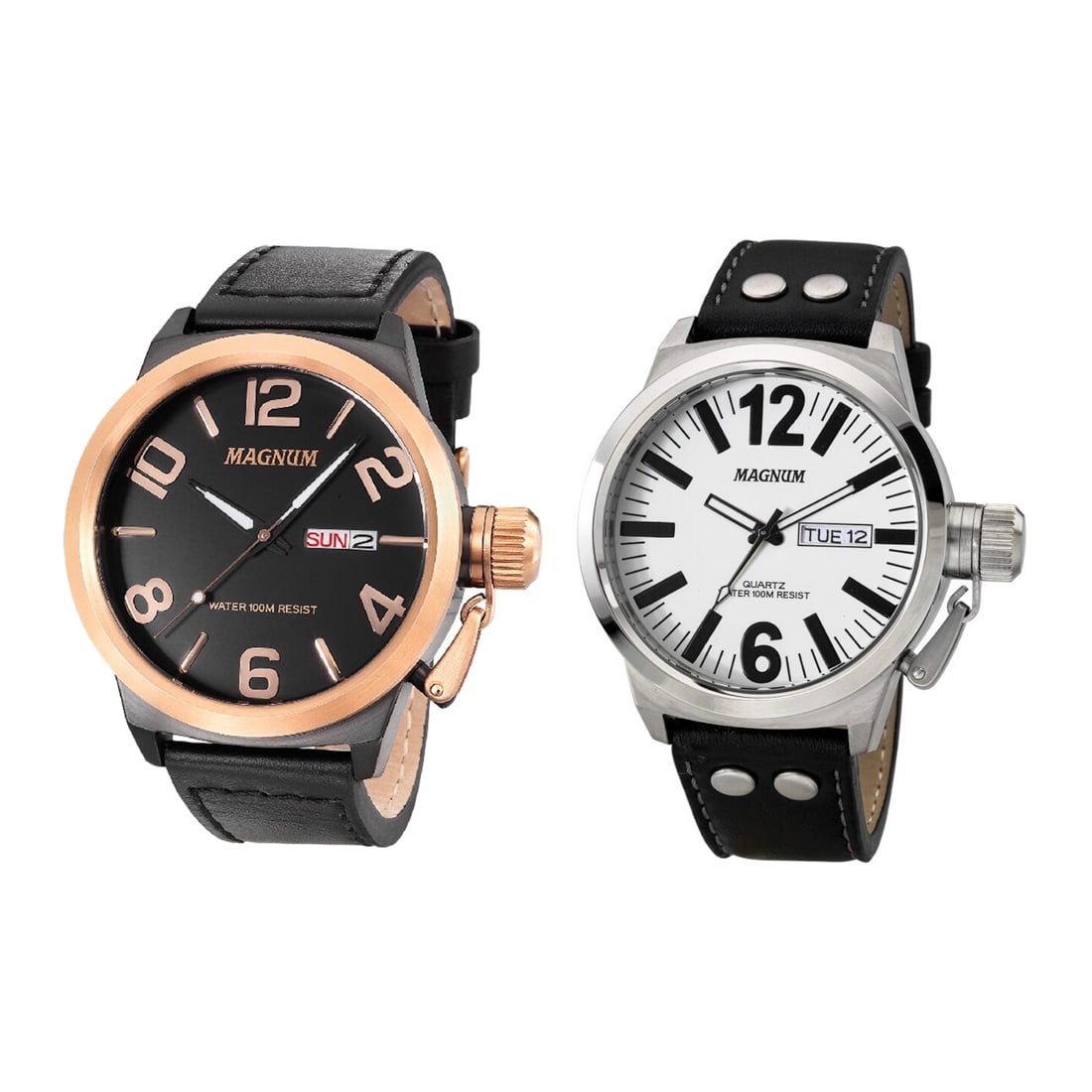 Set of 2 Magnum Men’s Oversized Sport Watches: Bold, rugged, and built for everyday wear, this Magnum duo showcases striking contrast and durable design. One watch features a rose gold-tone case with a black dial, large numerals, and a day/date di