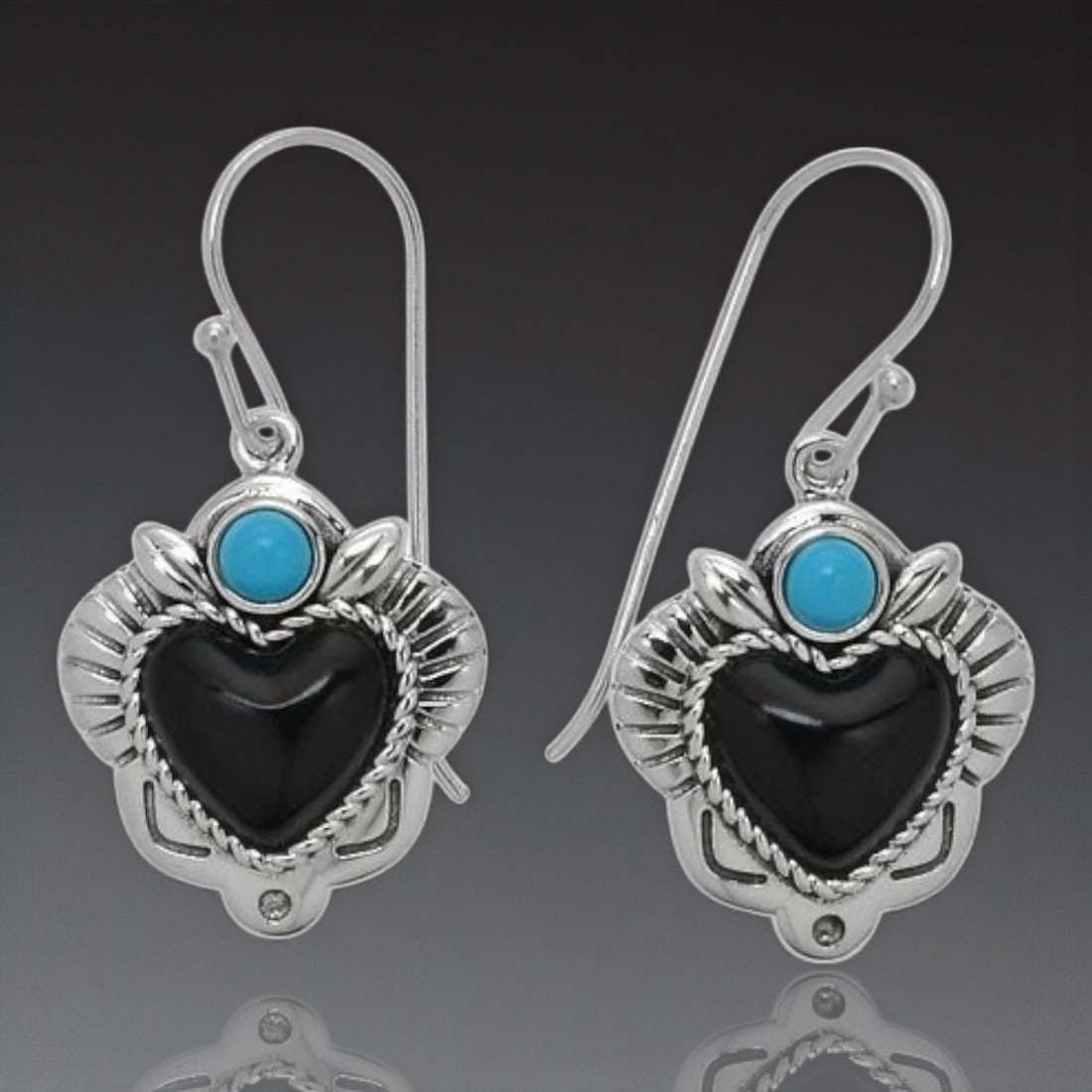 Colorado Black Moonstone and Turquoise Dangle Heart Earrings (1 of 1)