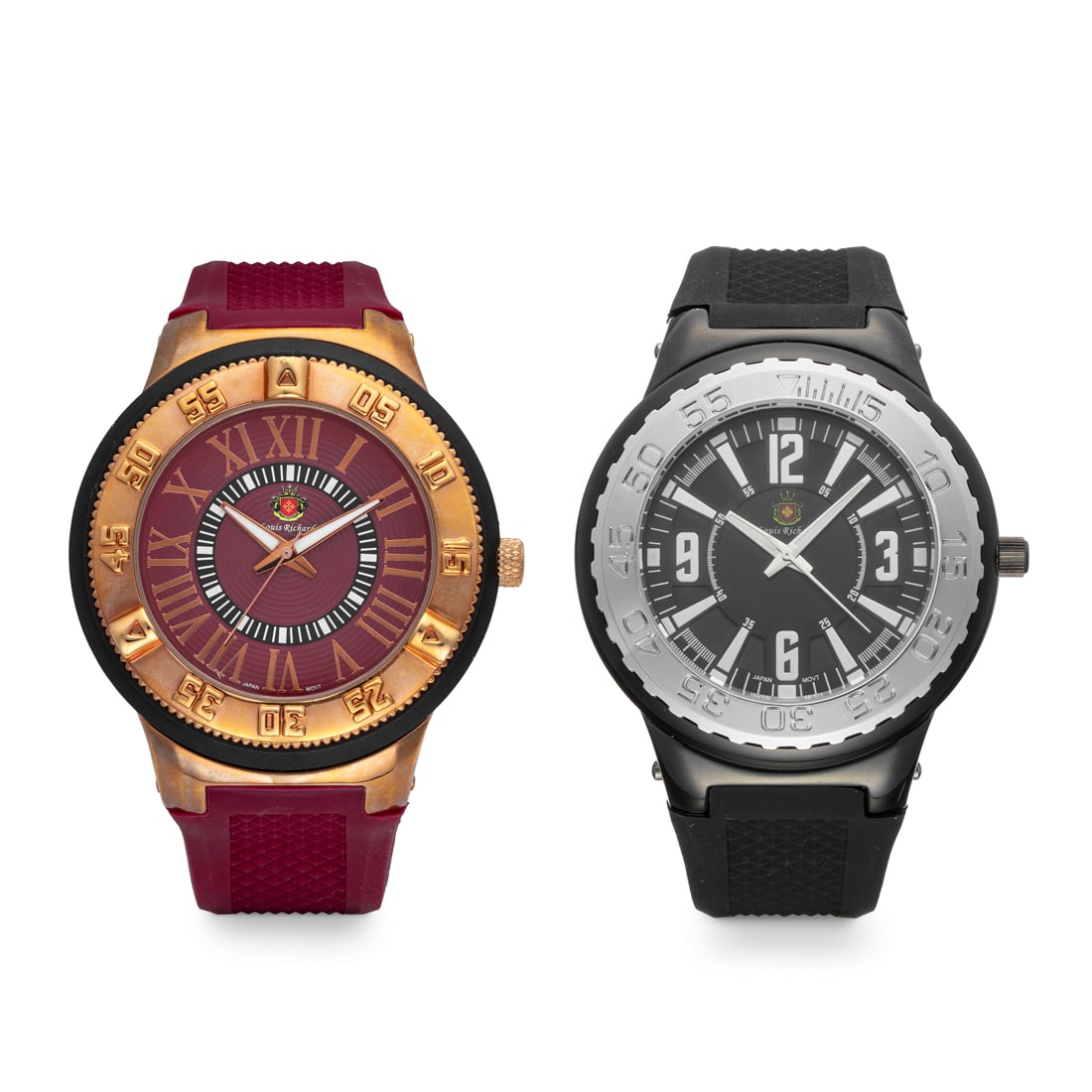Set of 2 Louis Richard Men’s Watches: Bold and distinctive, this Louis Richard set combines sporty energy with refined design. The first watch features a rich burgundy dial with Roman numerals, a rose gold-tone bezel, and matching red sil