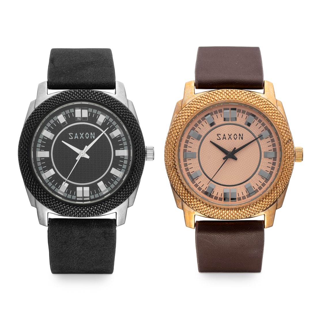 Set of 2 Saxon Men’s Watches: Classic design meets modern texture in this refined Saxon duo. The set includes one watch with a black dial, textured silver-tone bezel, and matching black leather strap for sleek sophistication. The