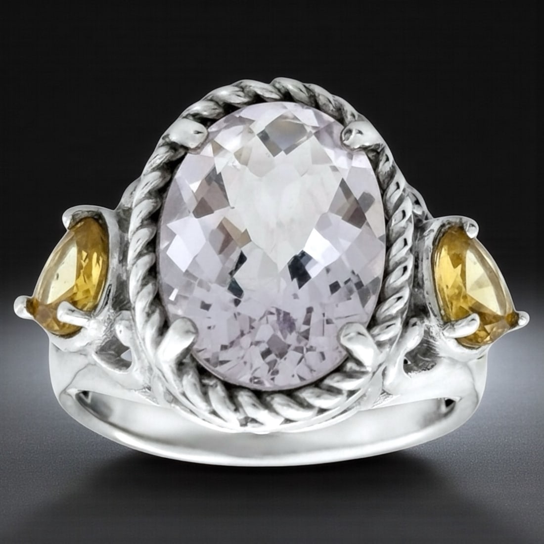 Stunning Rose de France Amethyst and Citrine Sterling Silver Rope Border Statement Ring (1 of 2)