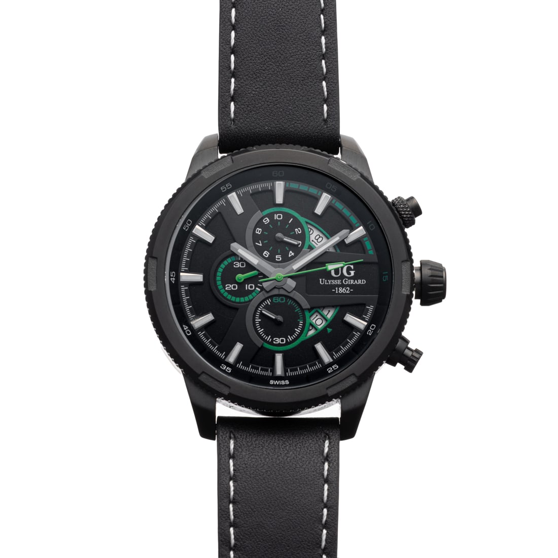 Ulysse Girard Men’s Chronograph Watch – 48mm Swiss Design: The Ulysse Girard Men’s Chronograph Watch embodies Swiss precision and modern strength. Featuring a 48mm stainless steel case with a sleek black dial and matching leather strap, this timepiece e