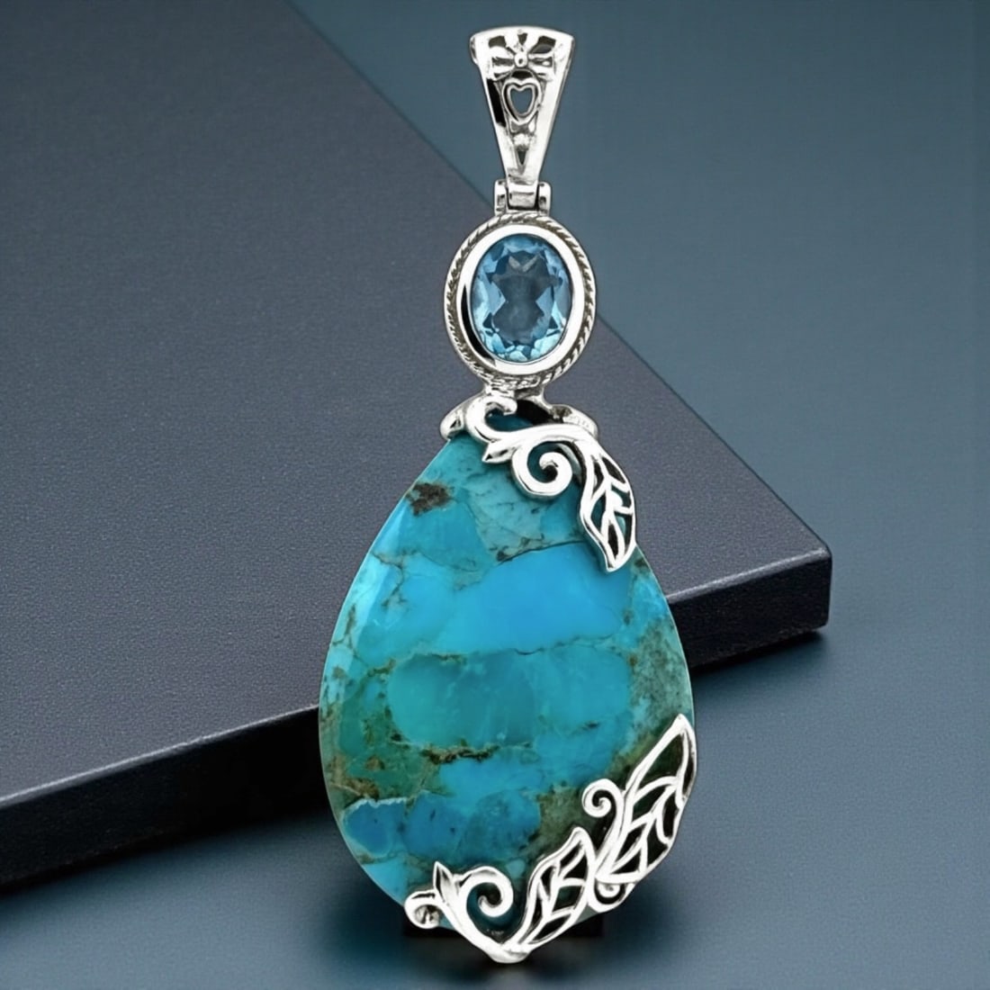 Artisan Pear Shape Turquoise & Blue Topaz Large Pendant (1 of 1)