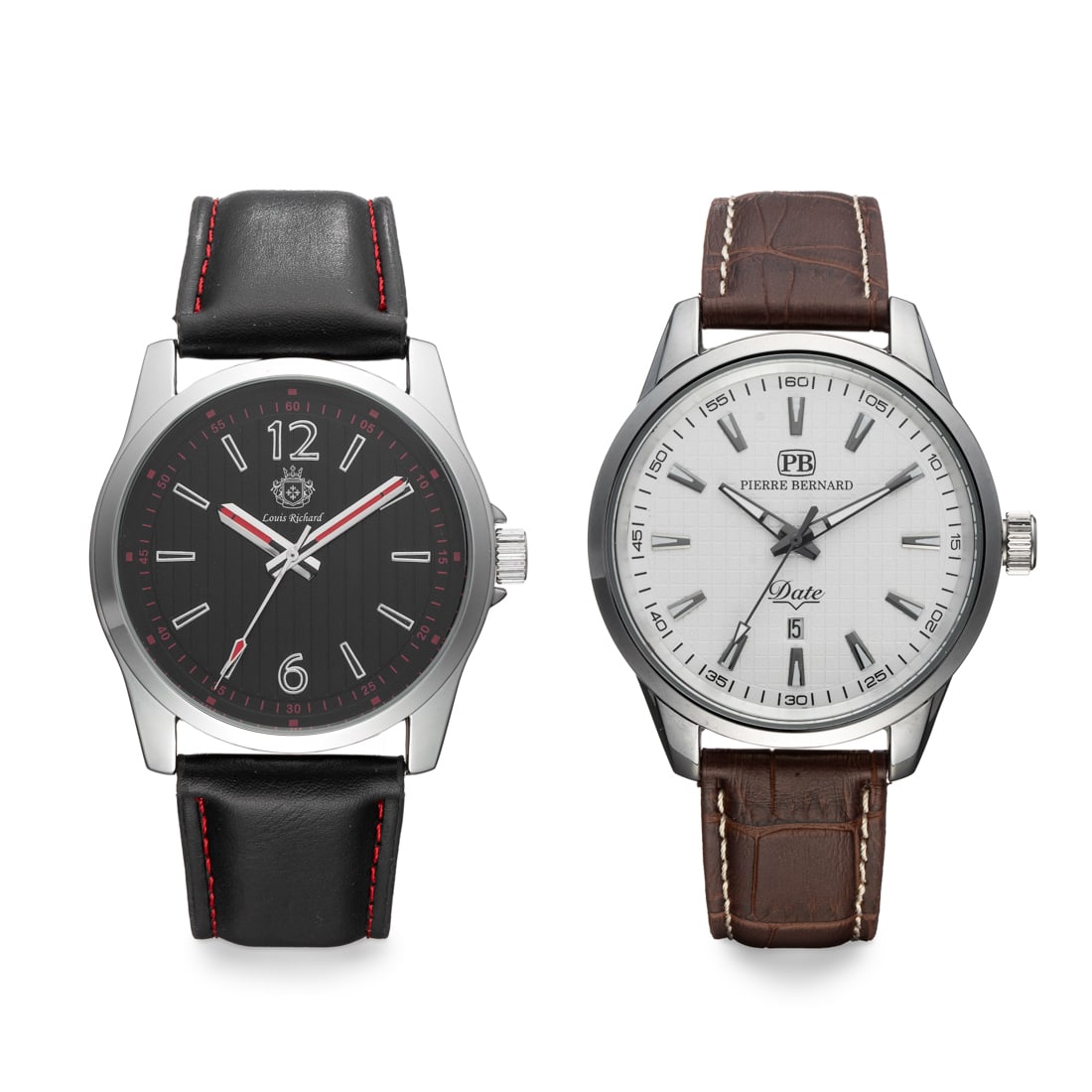 Set of 2 Men’s Watches – Louis Richard & Pierre Bernard: This refined two-piece set blends modern styling with everyday versatility. The Louis Richard watch features a black dial with vertical texture, bold numerals, red accents, and a stitched black leathe