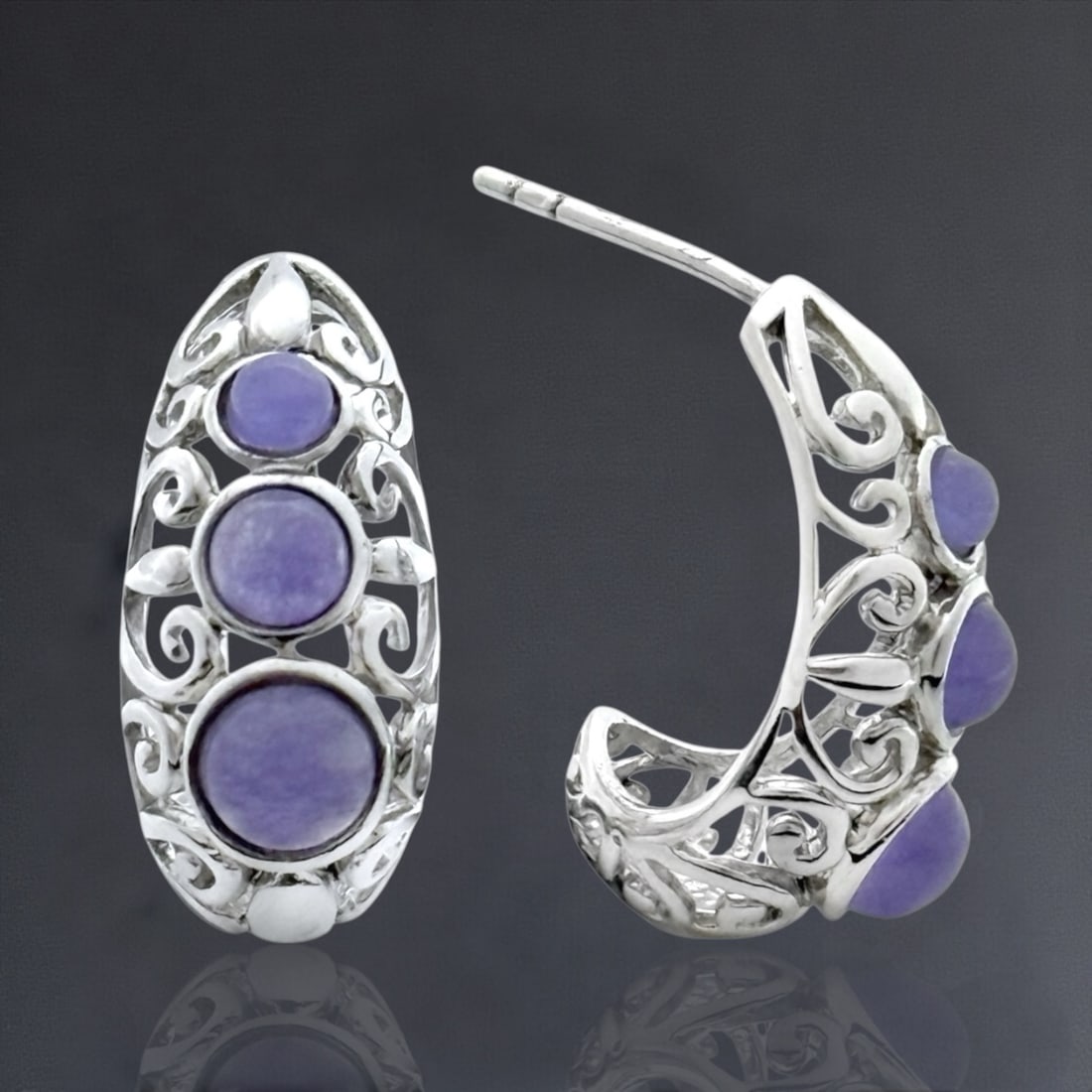 Sterling Silver Three-Stone Purple Jadeite Scrollwork J-Hoop Earrings (1 of 1)