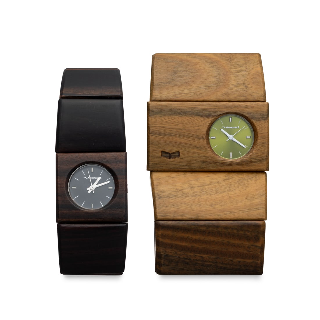 Set of 2 Vestal Wooden Bracelet Watches: A unique fusion of natural materials and modern minimalism, this Vestal set showcases bold, sculptural design crafted entirely from wood. The first watch features a deep espresso-toned wooden bracelet
