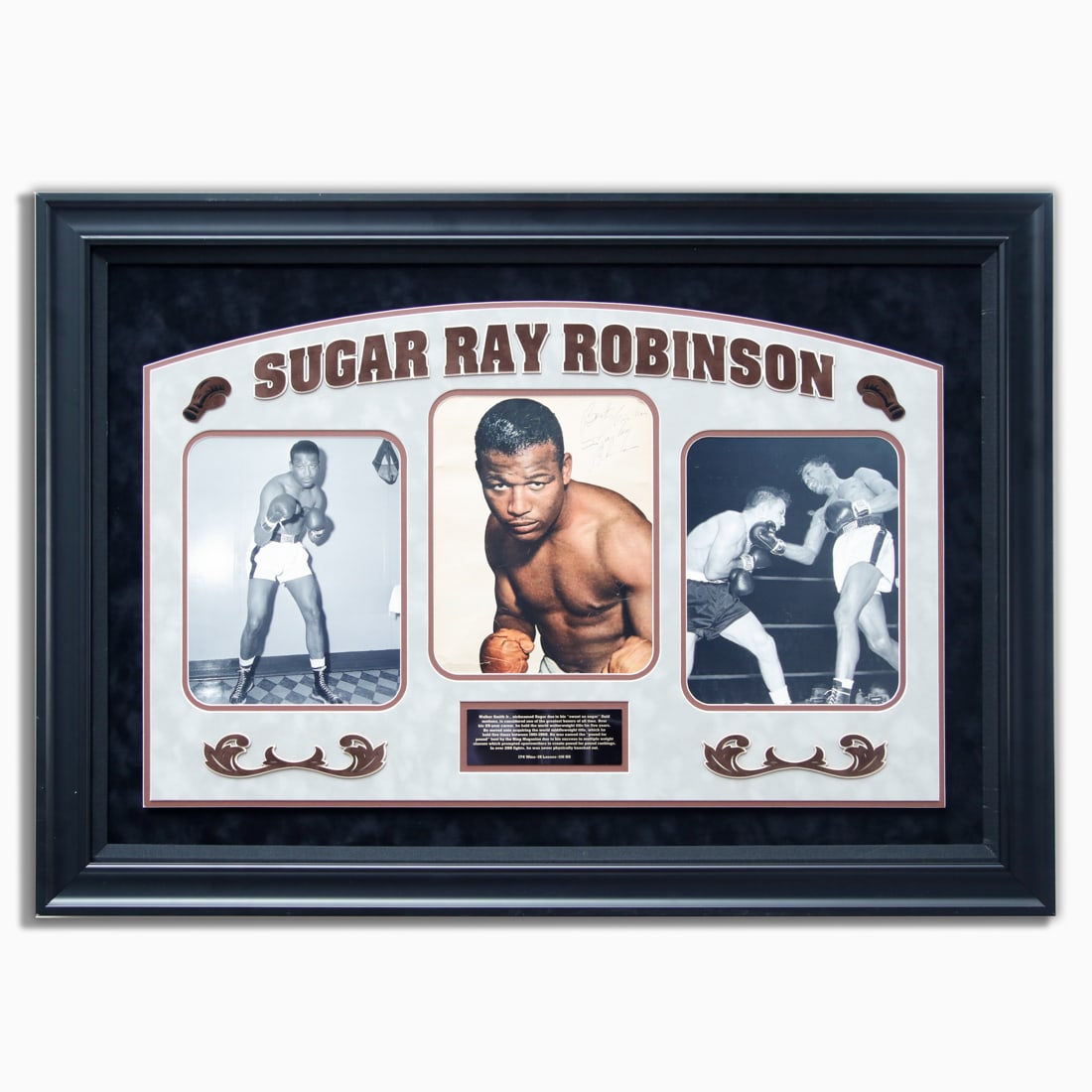 Rare Sugar Ray Robinson Signed & Inscribed Photo: Very Rare Sugar Ray Robinson Signed & Inscribed 8x10 Photograph Presented in an Exhibition Quality Frame. Sugar Ray Robinson competed from 1940 to 1965. He was inducted into the International Boxing H