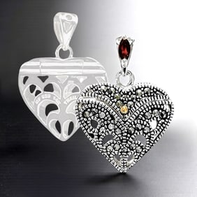 14K Gold & Sterling Silver Marcasite Heart Locket Pendant
