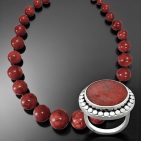 Graduated Sponge Coral Bead Necklace & Sterling Silver Ring