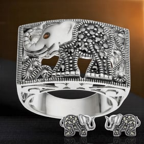 Sterling Silver Marcasite Elephant Ring SZ 10 and Earrings SET
