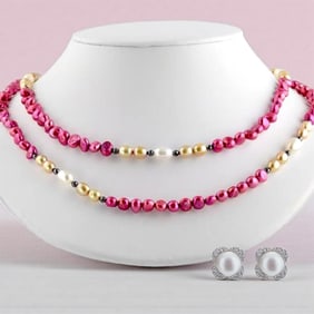 Freshwater Pearl Long Necklace with Pearl Stud Earrings Combo