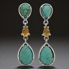 Southwest style Sterling Silver Turquoise & Citrine Earrings SET