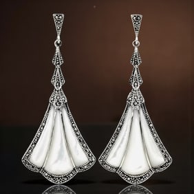 Art Deco Inspire Mother of Pearl & Macasite Fan Shape Dangle Earrings