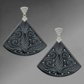 Art Deco Inspired Carved Jadeite Fan Shape Dangle Earrings