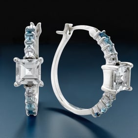 Minimalist Chic Blue Topaz And White Topaz Hoop Earrings