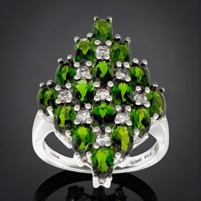 Vivid Green Chrome Diopside & White Topaz Statement Ring SZ 7