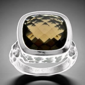 Checkerboard Smoky Quartz Textured Sterling Silver Ring Size 10