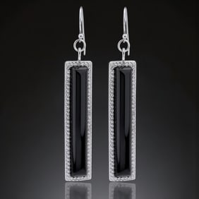 Elongated Black Agate adorned with White Topaz Silver Earrings