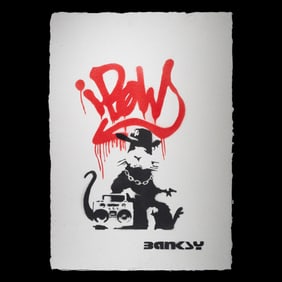 Banksy – “Gangsta Rat” with Red “iPOW” – Black & White on