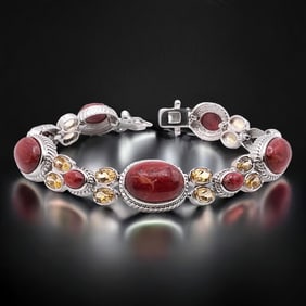 Red Coral Sterling Silver Bracelet with Citrine accents