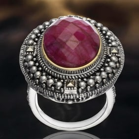 14K Gold & Sterling Silver Cherry Quarz & Marcasite Ring - Size 7