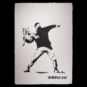 Banksy – “Love Is in the Air” (Flower Thrower) – Black & White on Deckled