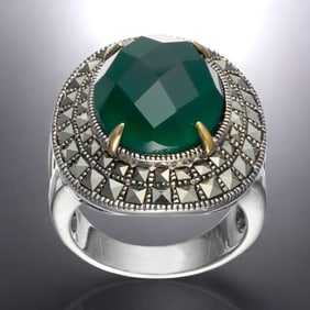 14K Gold & Sterling Silver Green Agate & Marcasite Ring - Size 9