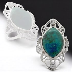 Blue Green Chrysocolla Sterling Silver Filigree Ring SZ 6