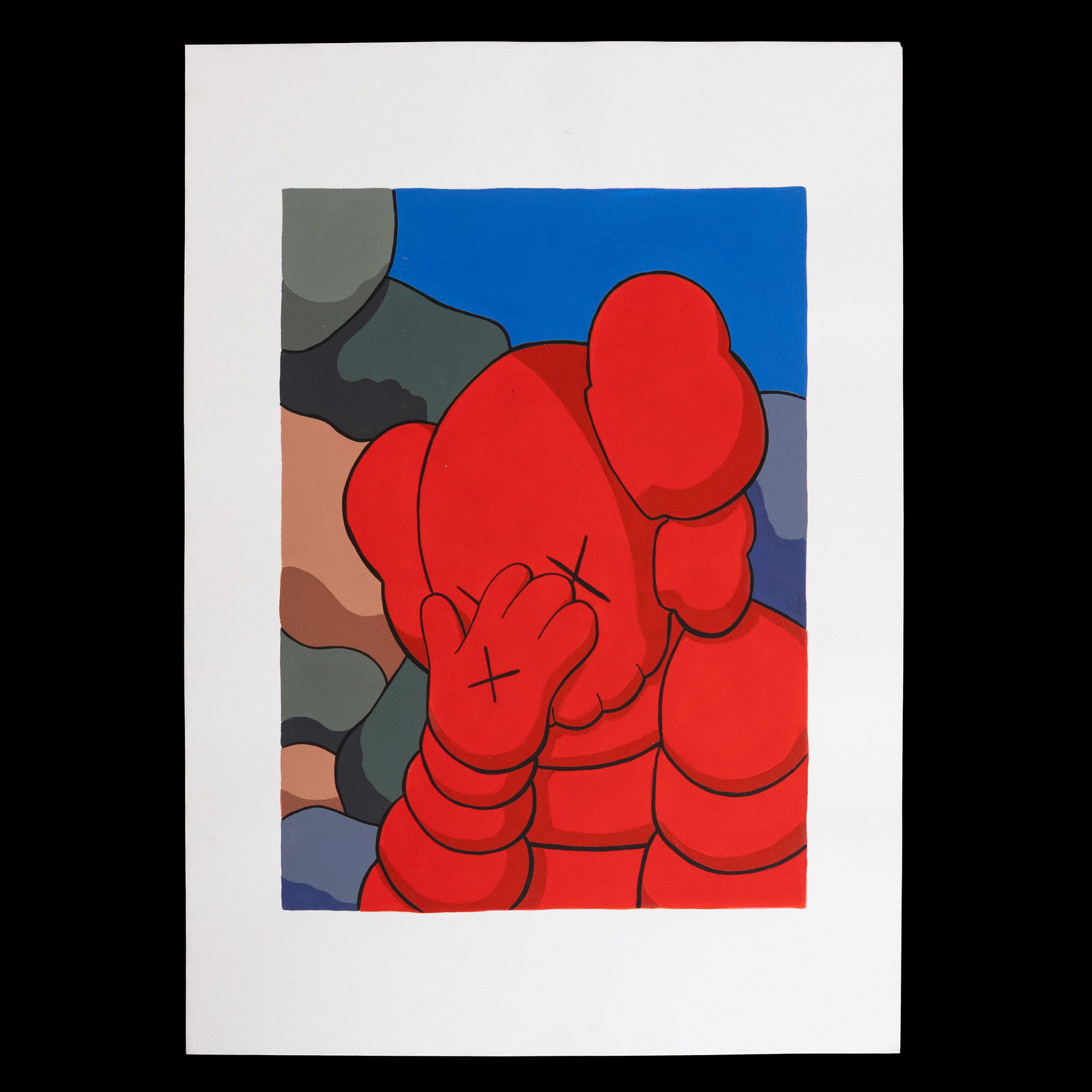 KAWS “Red Michelin Man” (Chum) – Work on Heavy Grade Paper: Title: KAWS “Red Michelin Man” (Chum) – Work on Heavy Grade Paper Dimensions: 16.5 x 11.75 inches Medium: Ink/Marker on Heavy Grade Paper Frame: Custom-designed presentation frame Provenance