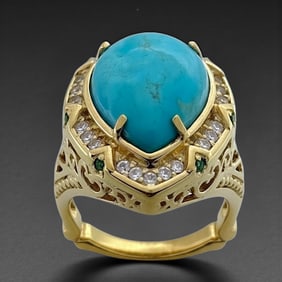 14K over Silver Turquoise & White Topaz Filigree Ring Size7